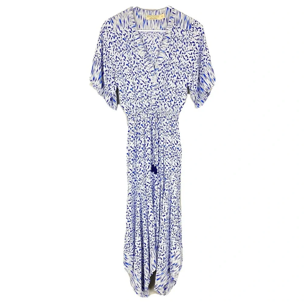 BEACHGOLD Dress Womens Size XS Blue Resort Cruise Beach V-Neck Midi Tassels Boho - Picture 2 of 16